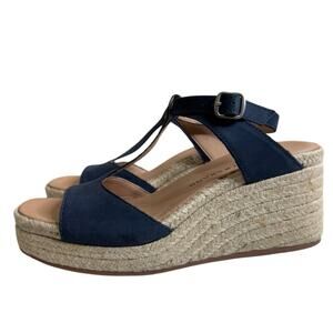 Lucky Brand Valki Peacoat Navy Blue Leather T-Strap Wedge‎ Sandals Women’s 6.5